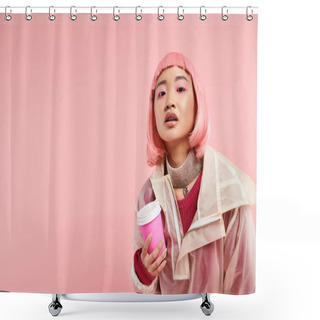Personality  Attractive Asian Girl In Her 20s With Pink Hair Posing With Cup Of Coffee On Vibrant Background Shower Curtains