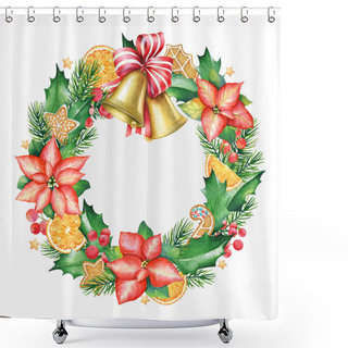 Personality  Watercolor Illustration Of The Christmas Wreath With Golden Bells Isolated On White Background. Shower Curtains