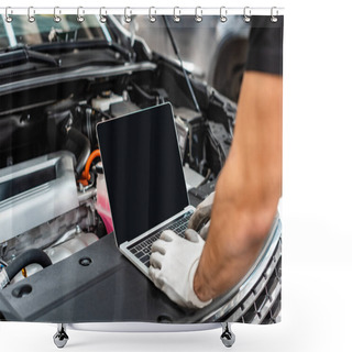 Personality  Cropped View Of Mechanic Using Laptop Near Car Engine Compartment Shower Curtains