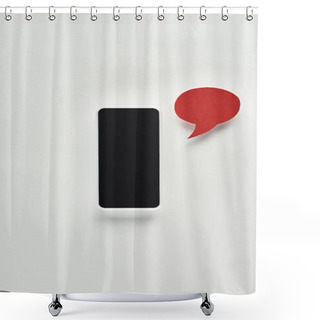 Personality  Top View Of Smartphone With Blank Screen On White Background Near Red Empty Speech Bubble, Cyberbullying Concept Shower Curtains