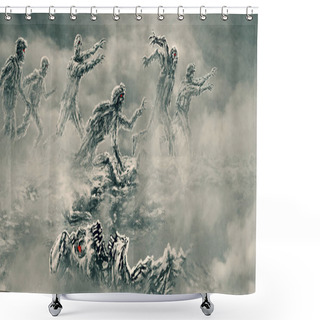 Personality  Attack Zombie Army On Battlefield. Illustration In Genre Of Horror. Scary Background With Fog. Shower Curtains
