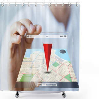 Personality  Close Up Of Male Hand Showing Smartphone And Map Shower Curtains