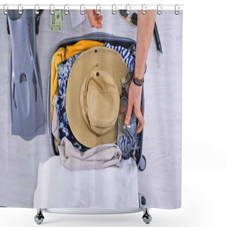Personality  Top View Of Man Putting Swimming Mask While Packing Luggage  Shower Curtains