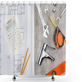 Personality  Top View Of Building Plan With Various Tools And Calculator On Concrete Surface Shower Curtains