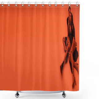 Personality  High Angle View Of Sexy Interracial Couple, Young Handsome Man And African American Woman In Black Lace Bodysuit And Over Knee Boots Sitting On Clothes On Orange Background With Red Lighting, Banner Shower Curtains