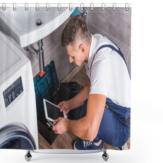 Personality   Adult Repairman Sitting On Floor And Using Digital Tablet While Repairing Sink At Bathroom Shower Curtains