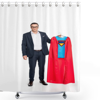 Personality  Businessman In Eyeglasses Holding Hanger With Superhero Costume And Looking At Camera Isolated On White  Shower Curtains