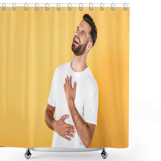 Personality  Happy Handsome Man In White T-shirt Laughing Isolated On Yellow Shower Curtains