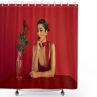Personality  Romantic Asian Woman In Dress And Neckerchief, With Brunette Hair And Bold Makeup Sitting At Table Neat Glass Vase With Roses On Red Background, Fashion Photography, Stylish Spring Concept Shower Curtains