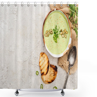 Personality  Top View Of Tasty Green Creamy Soup With Croutons And Sprouts On Textured Grey Background With Rustic Cloth Shower Curtains