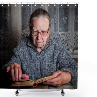 Personality  Elderly Woman Reads Book In Rustic Interior. Toned Shower Curtains