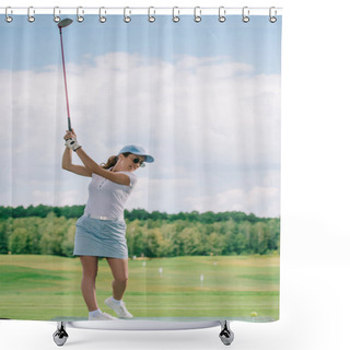 Personality  Side View Of Woman In Polo, Sunglasses And Cap Playing Golf At Golf Course Shower Curtains