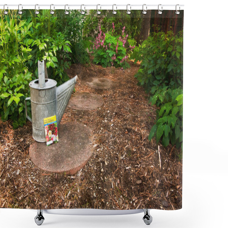 Personality  A Worn Watering Can Sits With A Hollyhock Seed Packet On A Garde Shower Curtains