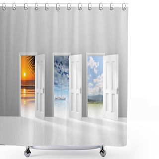 Personality  Choice Of Three Doors Opening To Possible Vacation Or Getaway Destinations Shower Curtains
