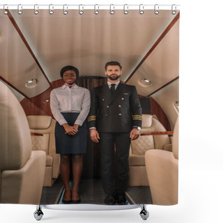 Personality  Handsome, Confident Pilot And Smiling African American Stewardess Looking At Camera In Private Plane Shower Curtains