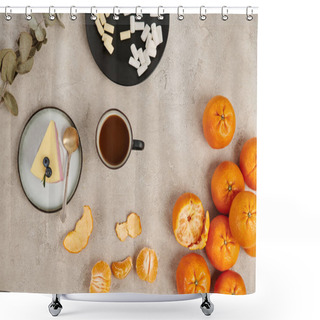 Personality  Christmas Background, Hot Chocolate And Marshmallows Near Pudding And Tangerines On Grey Surface Shower Curtains