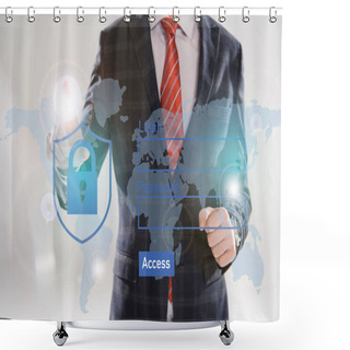 Personality  Cropped View Of Businessman In Suit Pointing With Finger At Cyber Security Illustration In Front  Shower Curtains
