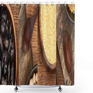 Personality  Collage Of Different Organic Groats On Wooden Surface Shower Curtains