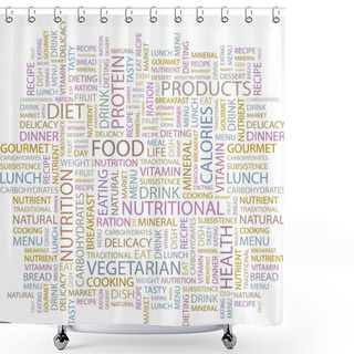 Personality  FOOD. Seamless Vector Pattern With Word Cloud. Shower Curtains