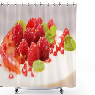 Personality  Cheesecake With Fresh Raspberries, Plums And Mint Leaves. Shower Curtains
