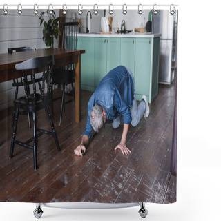 Personality  Elderly Man With Crutch Falling On Floor In Kitchen  Shower Curtains