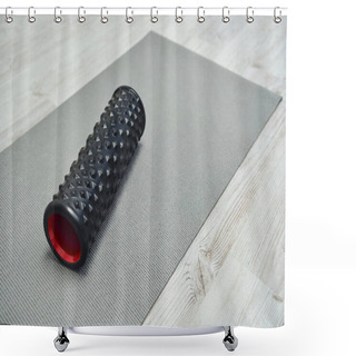 Personality  Modern Black Roller Massager Lying On Fitness Mat On Floor At Home, Promoting Lymph Flow And Wellness At Home Concept, Beauty And Wellness Routine, Health And Relaxation  Shower Curtains