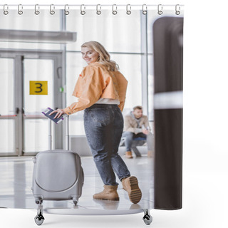 Personality  Attractive Young Woman With Passport, Boarding Pass And Suitcase Smiling At Camera In Airport  Shower Curtains