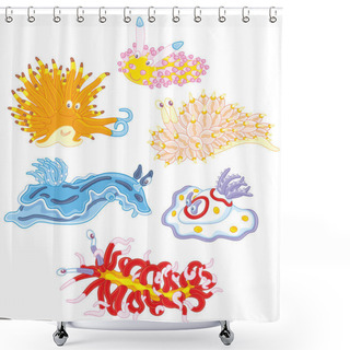 Personality  Collection Of Funny And Colorful Sea Monsters - Molluscs, Vector Illustrations In A Cartoon Style Shower Curtains