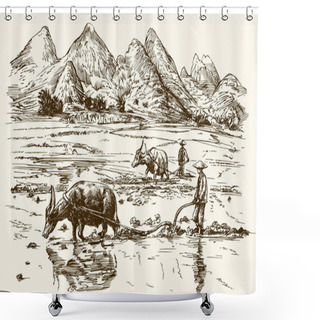 Personality  Asian Farmers Working On Rice Field. Hand Drawn Illustration. Shower Curtains