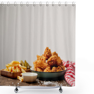 Personality  Delicious Chicken Nuggets, Ketchup, French Fries And Gherkins Near Glasses Of Beer On Turquoise Wooden Table Isolated On Grey Shower Curtains