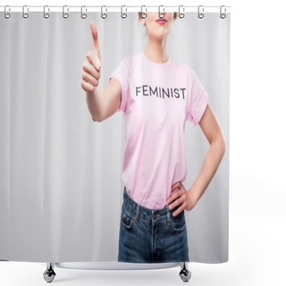 Personality  Cropped View Of Woman In Pink Feminist T-shirt Showing Thumb Up, Isolated On Grey Shower Curtains