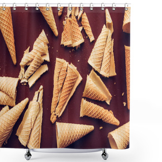 Personality  Crushed Ice Cream Waffle Cones On Dark Brown Background, Flat Lay Shower Curtains