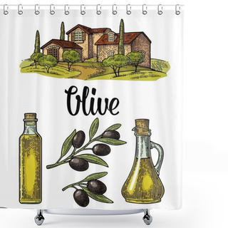 Personality  Set Olive. Bottle Glass, Branch With Leaves, Rural Landscape Villa Shower Curtains