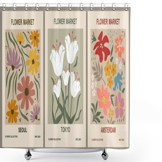 Personality  Set Of Abstract Flower Market Posters. Trendy Botanical Wall Arts With Floral Design In Earth Tone Pastel Colors. Modern Naive Groovy Funky Interior Decorations, Paintings. Vector Art Illustration. Shower Curtains