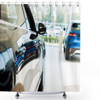 Personality  Selective Focus Of Blank And Blue Shiny Cars In Car Showroom  Shower Curtains