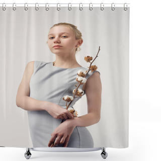 Personality  Beautiful Young Woman With Cotton Branch Looking At Camera Isolated On White Shower Curtains