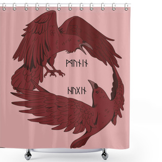 Personality   Dark Red Illustration With Odin's Ravens Shower Curtains