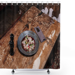 Personality  High Angle View Of Fresh Tasty Ceviche With Dorado And Daikon On Wooden Table In Restaurant Shower Curtains