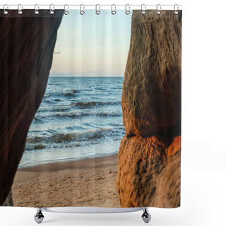 Personality  From The Shelter Of Veczemju Klintis Cave, Witness Nature's Timeless Beauty As The Sea Paints A Breathtaking Panorama, Casting A Spell Of Tranquility At Sunset Shower Curtains