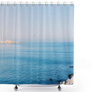 Personality  BARCELONA, SPAIN - DECEMBER 28, 2018: Scenic View Of Tranquil Sea And Clear Blue Sky Shower Curtains