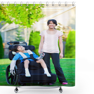 Personality  Disabled Little Boy In Wheelchair With Sister On Grassy Lawn Out Shower Curtains