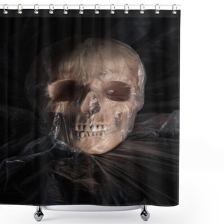 Personality  Spooky Human Skull In Cellophane On Black Background, Halloween Decoration Shower Curtains