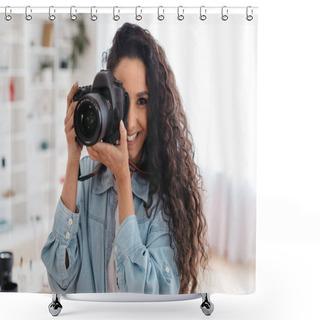 Personality  Professional Photographer Lady Taking Photo Smiling Holding Photocamera Standing Indoors Shower Curtains