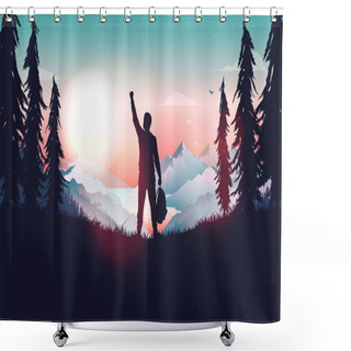 Personality  Life Goal Achievement - Happy Man Celebrating Personal Success By Raising Hand In Nature. Beautiful View And Mountain Tops In Background. Winner, Travel And Hiking Concept. Vector Illustration. Shower Curtains