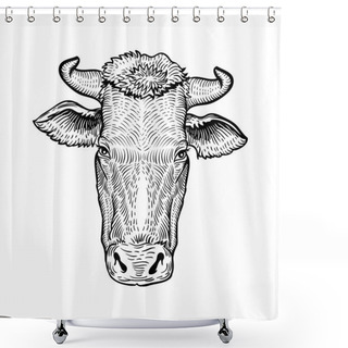 Personality  Cows Head, In A Graphic Style Hand Drawn Illustration. Cow Isolated On White Background Shower Curtains
