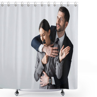 Personality  Businessman Molesting Businesswoman With Scotch Tape On Mouth Showing Hand With Me Too Lettering Isolated On White Shower Curtains
