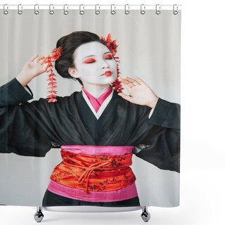 Personality  Beautiful Geisha In Black Kimono Gesturing Isolated On White Shower Curtains