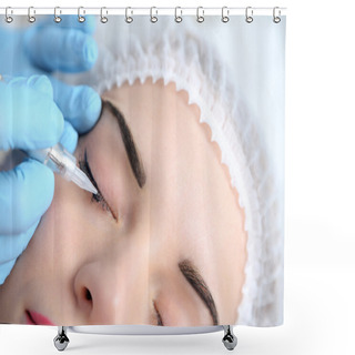 Personality  Cosmetologist Applying Permanent Make Up On Eyes, Close-up Shower Curtains