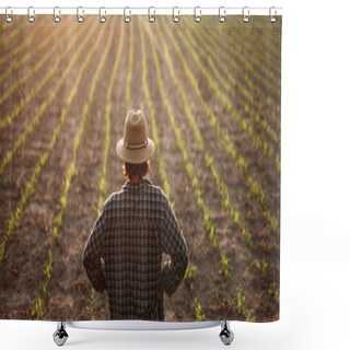 Personality  Farmer Standing On Field With Young Growth Shower Curtains