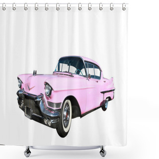 Personality  Classic Pink Car At Beach On White Background Shower Curtains